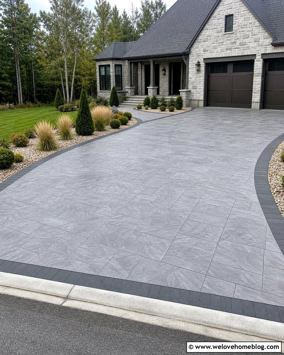 Stamped Concrete Driveway Extension With Stone Border - 30 Extended Driveway Ideas