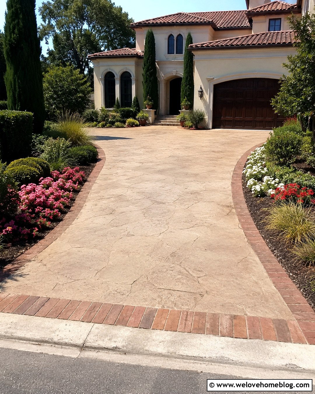 Stamped Concrete Driveway With Brick Accents - 20 Dream House Driveway Ideas