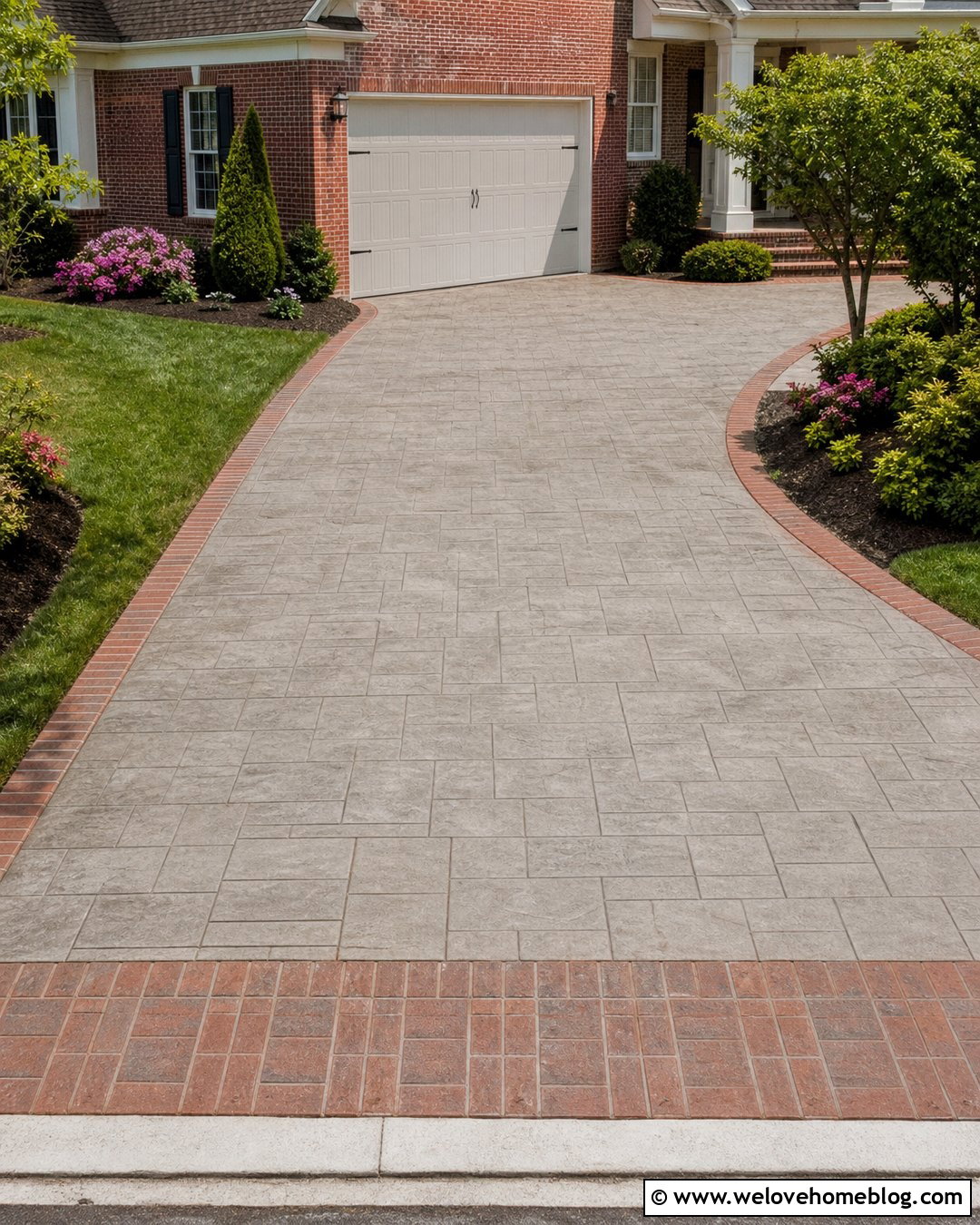 Stamped Concrete Driveway With Brick Border - 20 Driveway Paving Ideas