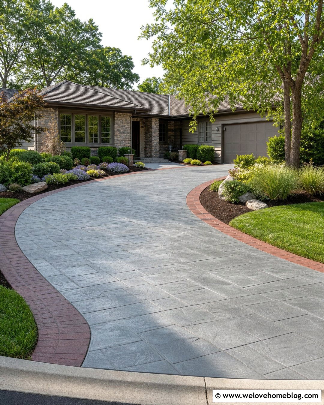 Stamped Concrete Driveway With Brick Ribbon Border - 20 Brick Ribbon Driveway Ideas