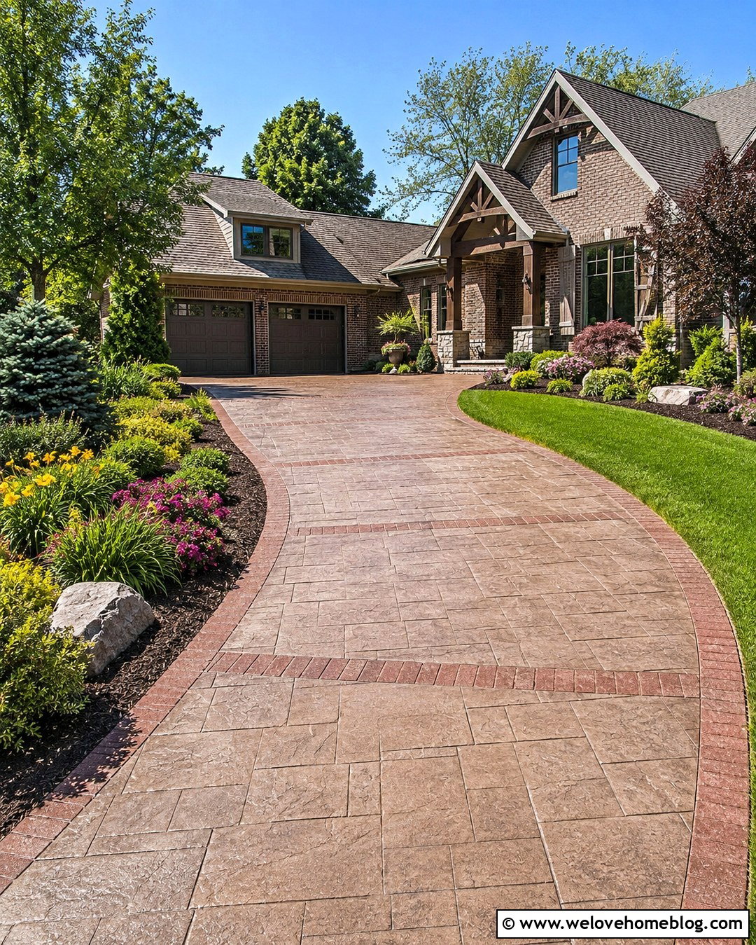 Stamped Concrete Driveway With Brick Ribbons - 20 Driveway Renovation Ideas