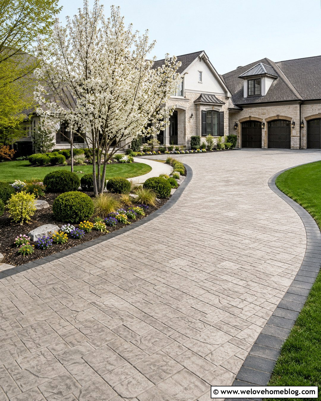 Stamped Concrete Driveway With Curved Landscaping - 20 Driveway Makeover Inspiration Ideas