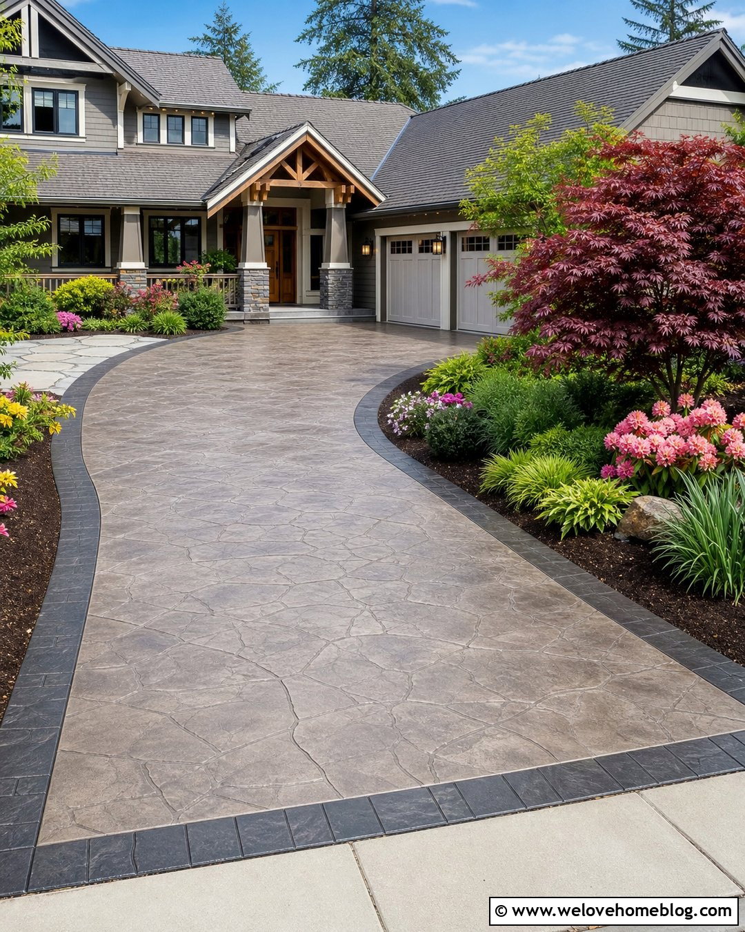 Stamped Concrete Driveway With Curved Landscaping - 20 Decorative Driveway Ideas