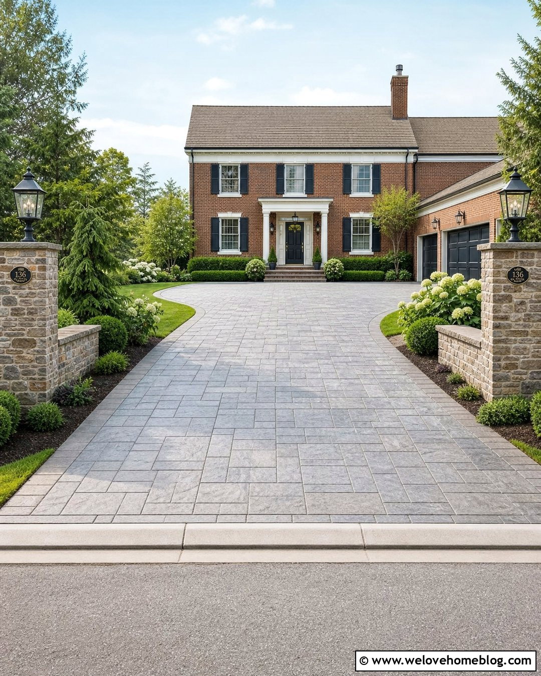 Stamped Concrete Driveway With Lantern Pillars - 20 Concrete Driveway Lighting Ideas