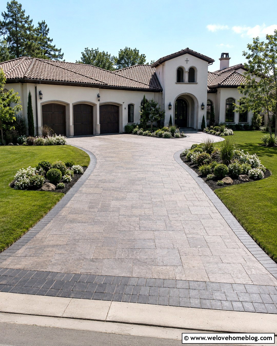 Stamped Concrete Driveway With Paver Accents - 20 stylish driveway makeover ideas