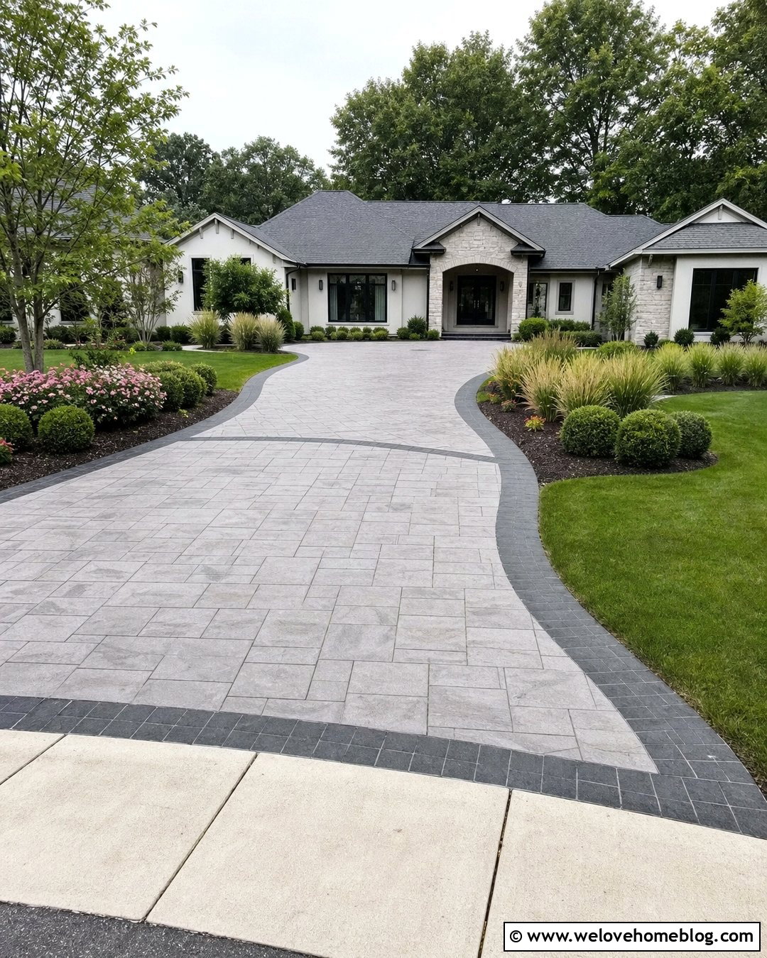 Stamped Concrete Driveway With Paver Ribbons - 20 Residential Driveway Ideas
