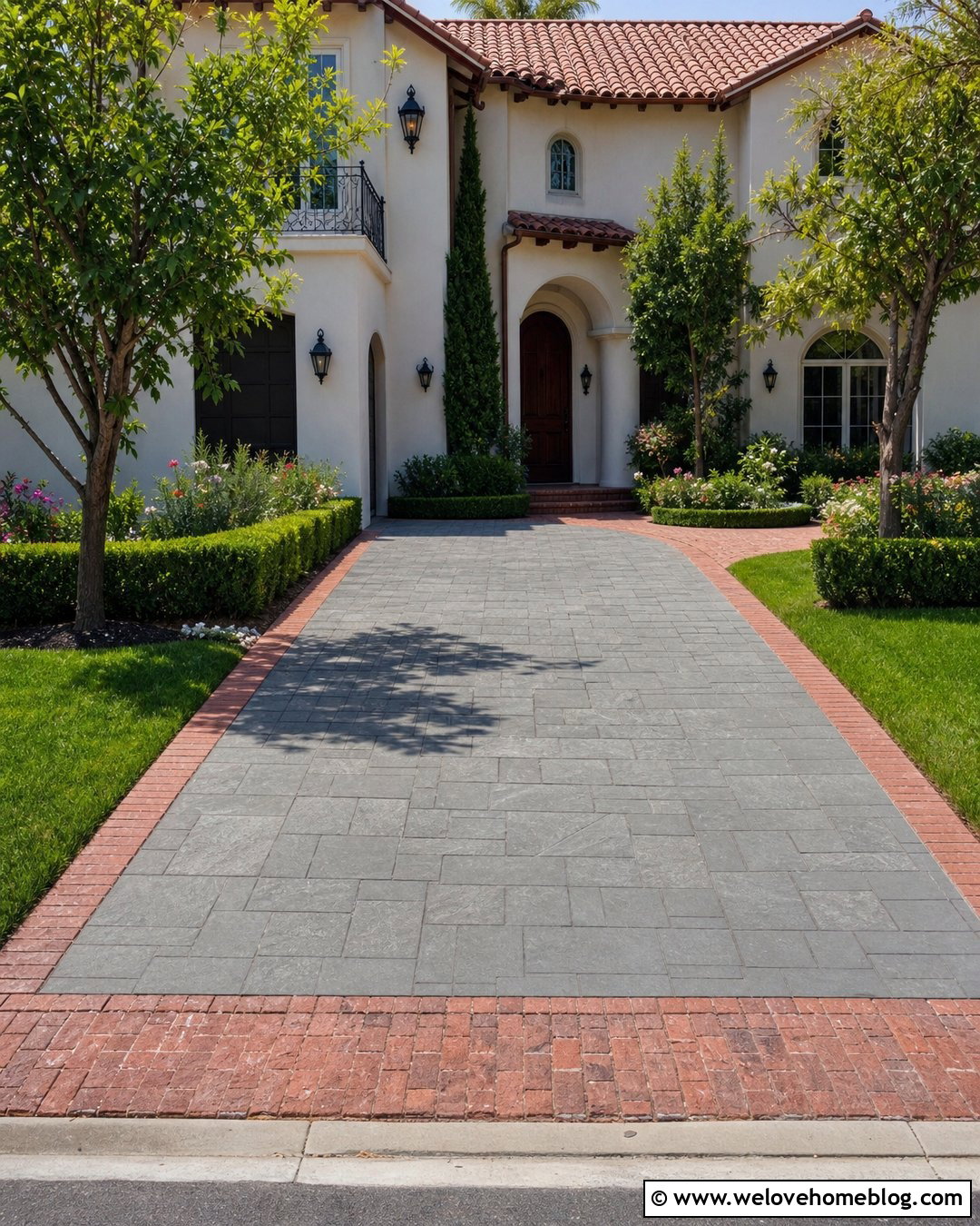 Stamped Concrete Driveway With Real Brick Edging - 25 Brick And Concrete Driveway Ideas