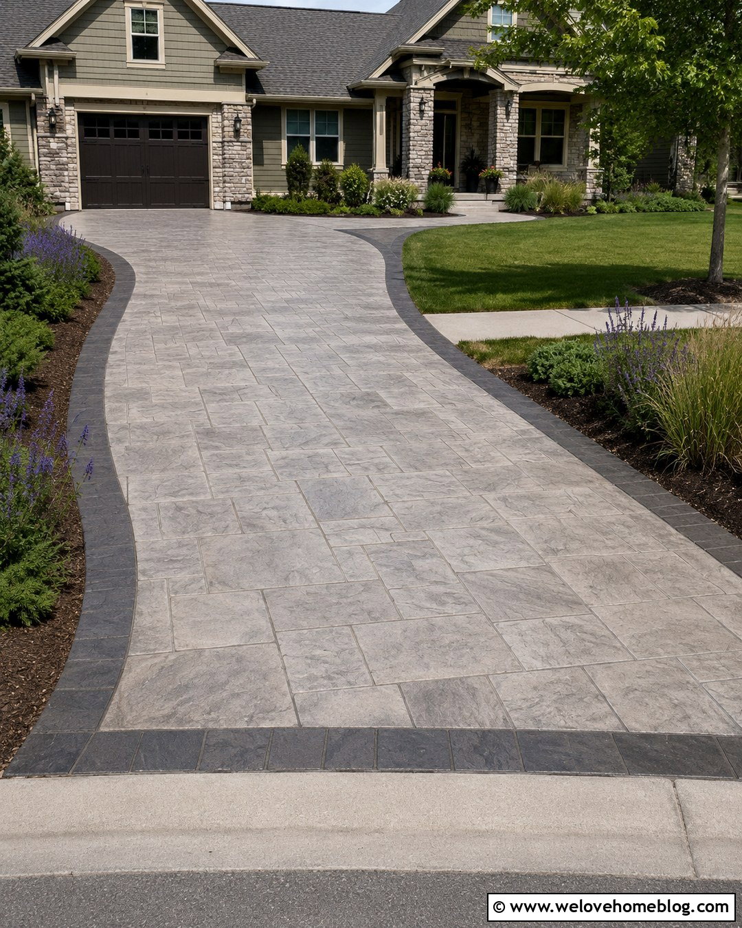 Stamped Concrete Driveway With Slate Texture - 20 Creative Driveway Ideas