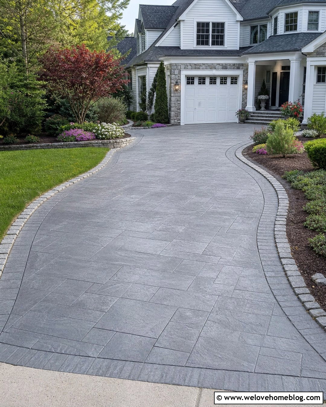 Stamped Concrete Driveway With Stone Border - 45 Driveway Design Ideas