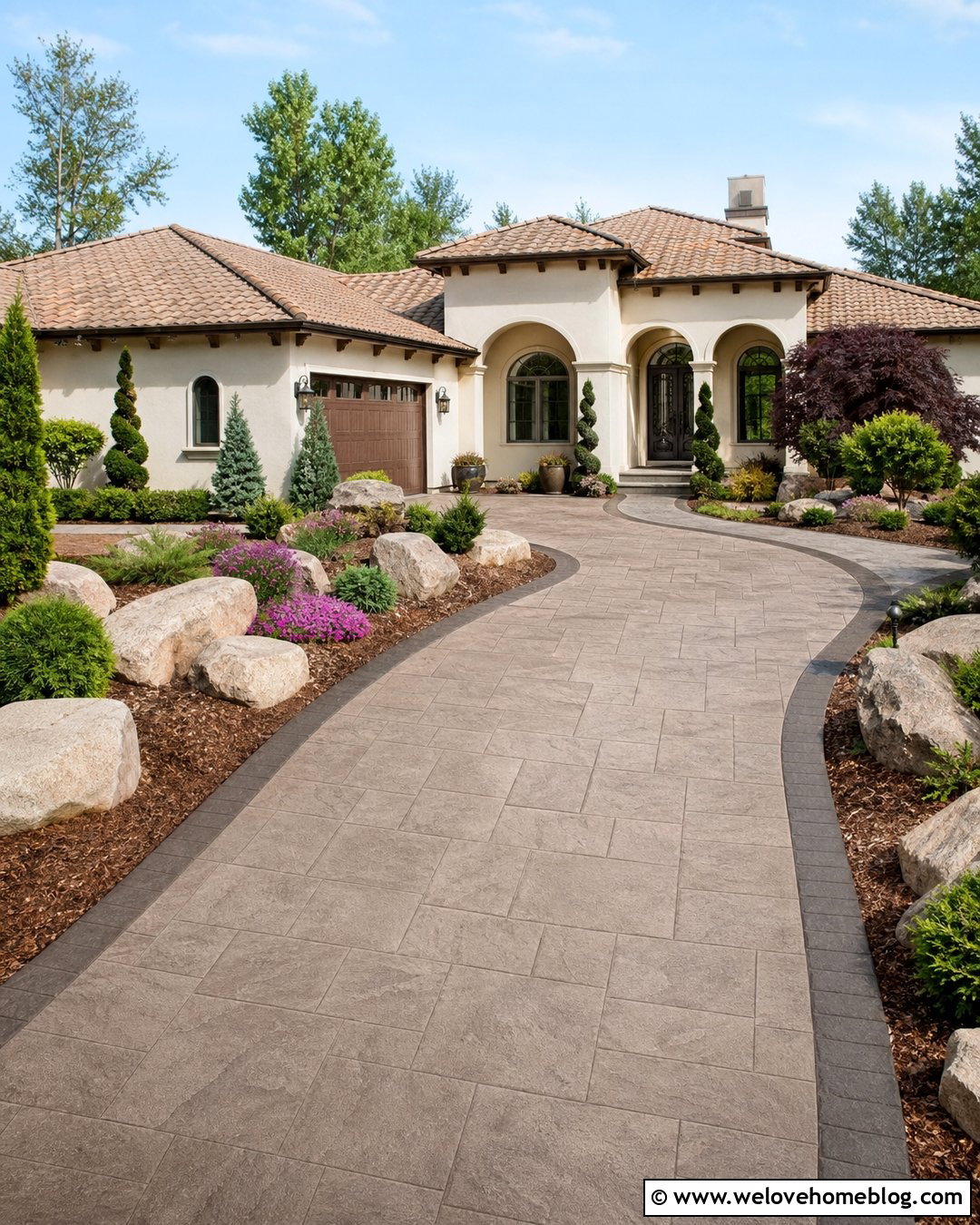Stamped Concrete Driveway With Stone Landscaping - 35 Beautiful Driveways Ideas