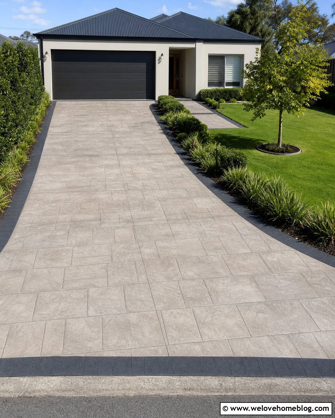 Stamped Concrete Driveway With Stone Pattern - 20 Australian Driveway Ideas