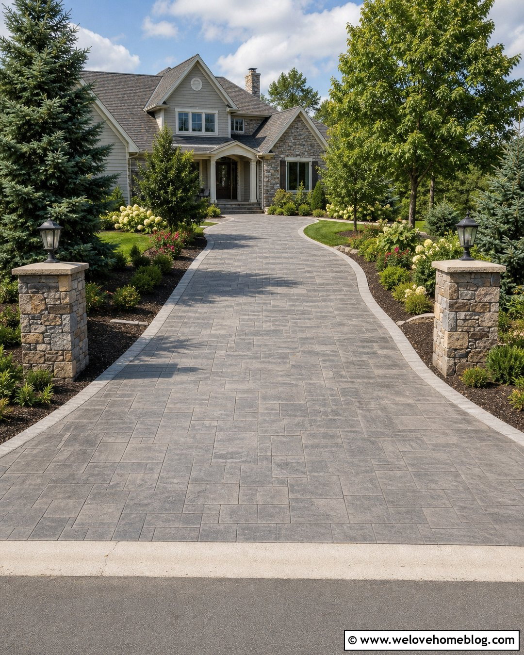 Stamped Concrete Driveway With Stone Pillars - 25 Pretty Driveways Ideas
