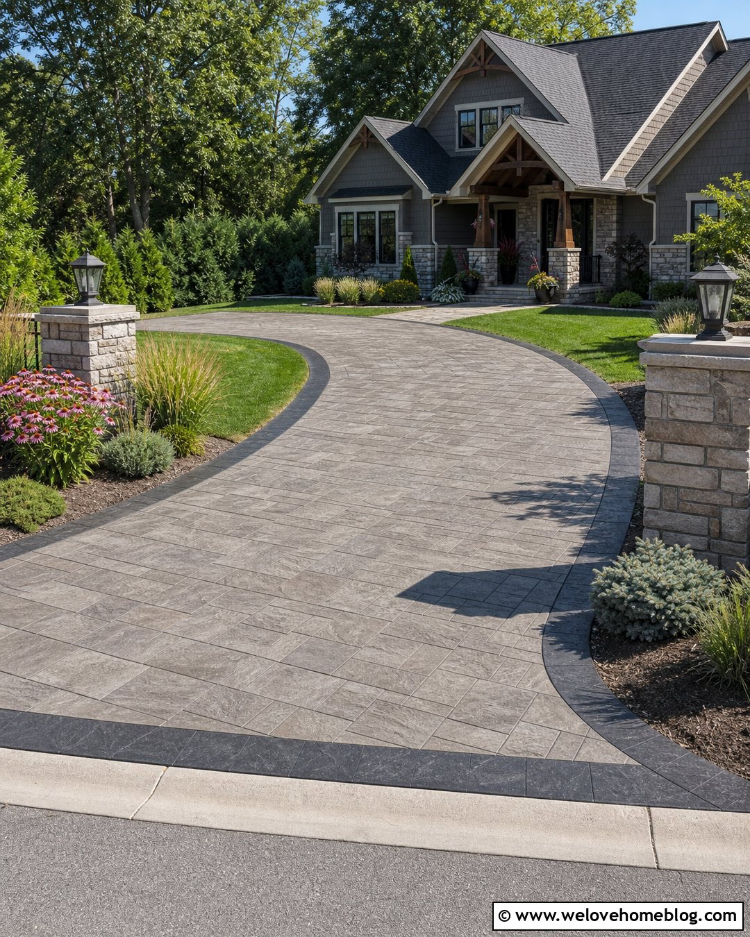 Stamped Concrete Driveway With Stone Pillars - 20 Gravel Vs Concrete Driveway Ideas