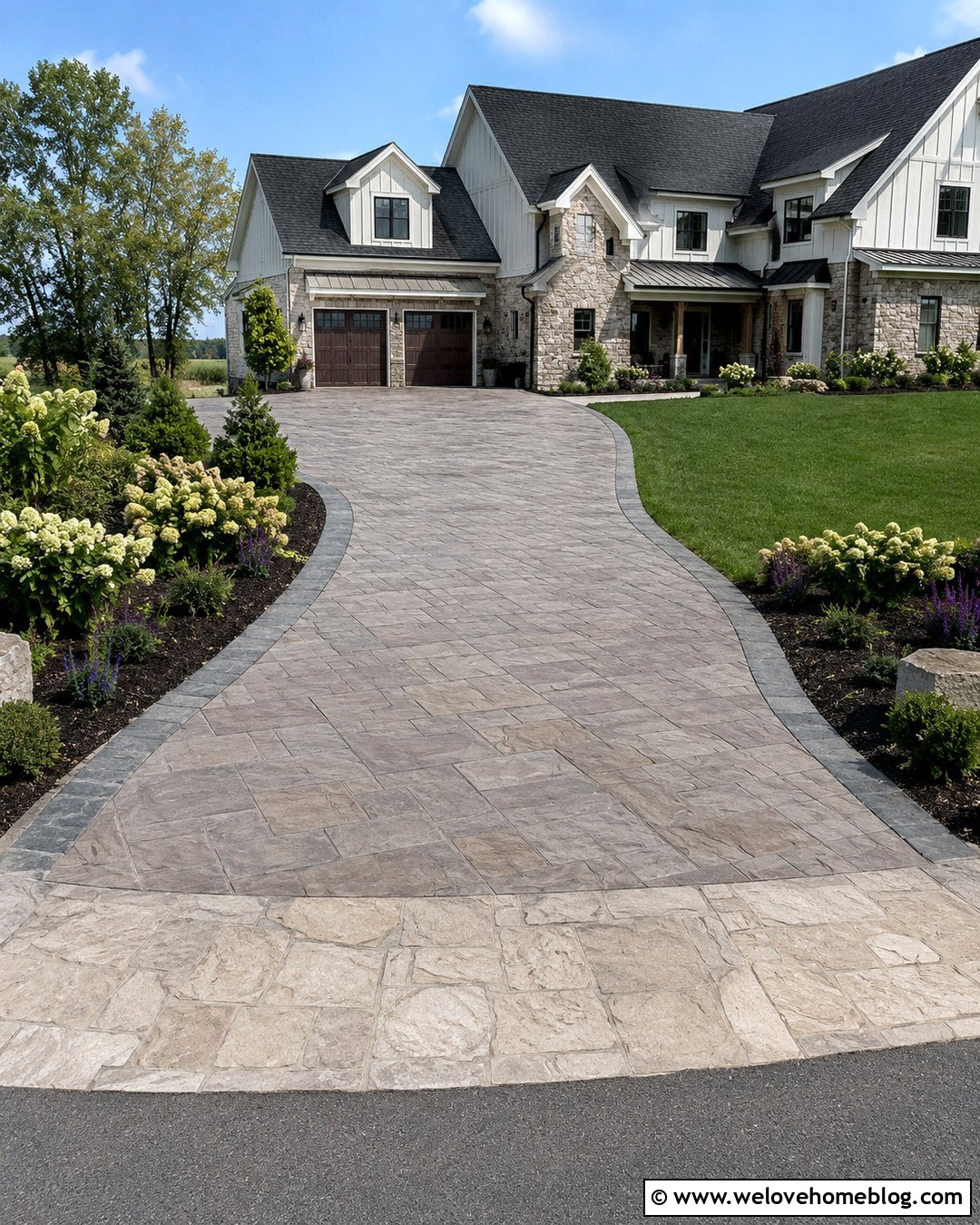 Stamped Concrete Farmhouse Driveway With Flagstone Border - 20 Farmhouse Driveway Inspiration Ideas