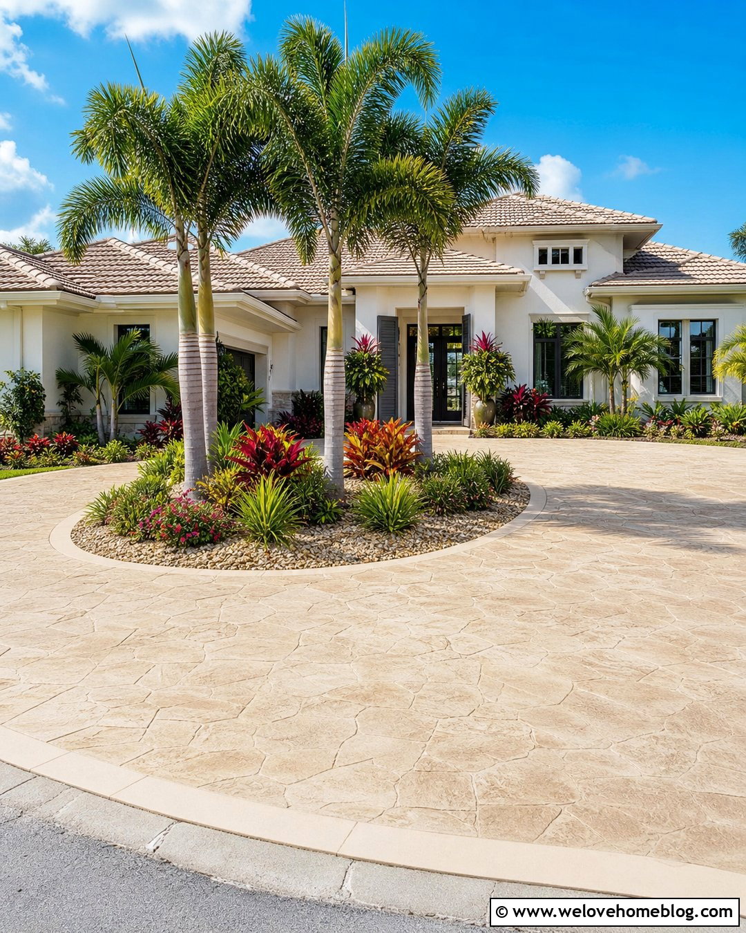 Stamped Concrete Half Circle Driveway With Palm Landscaping - 40 half circle driveway landscaping ideas