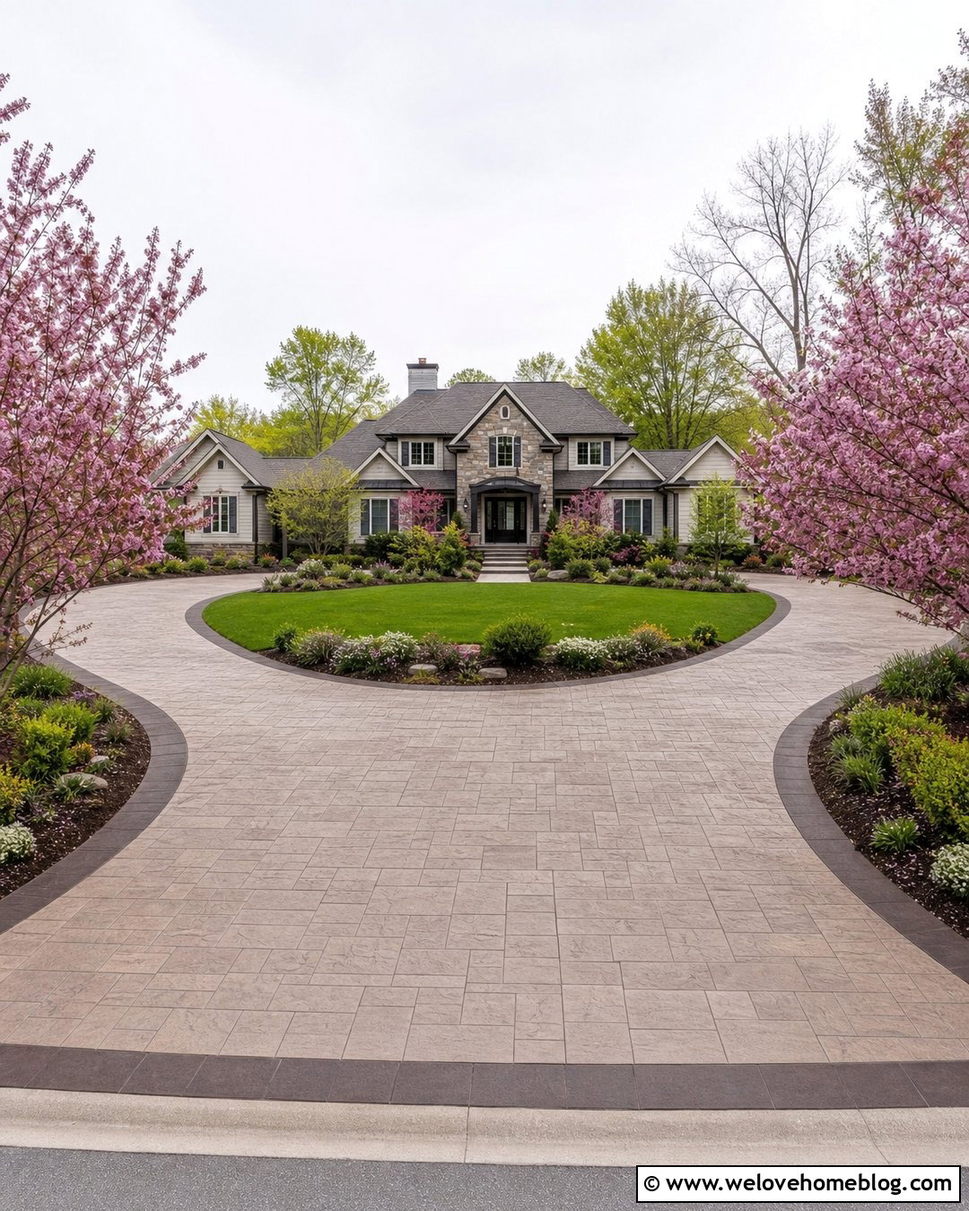 Stamped Concrete Horseshoe Driveway With Flowering Trees - 20 driveway landscape for horseshoe ideas