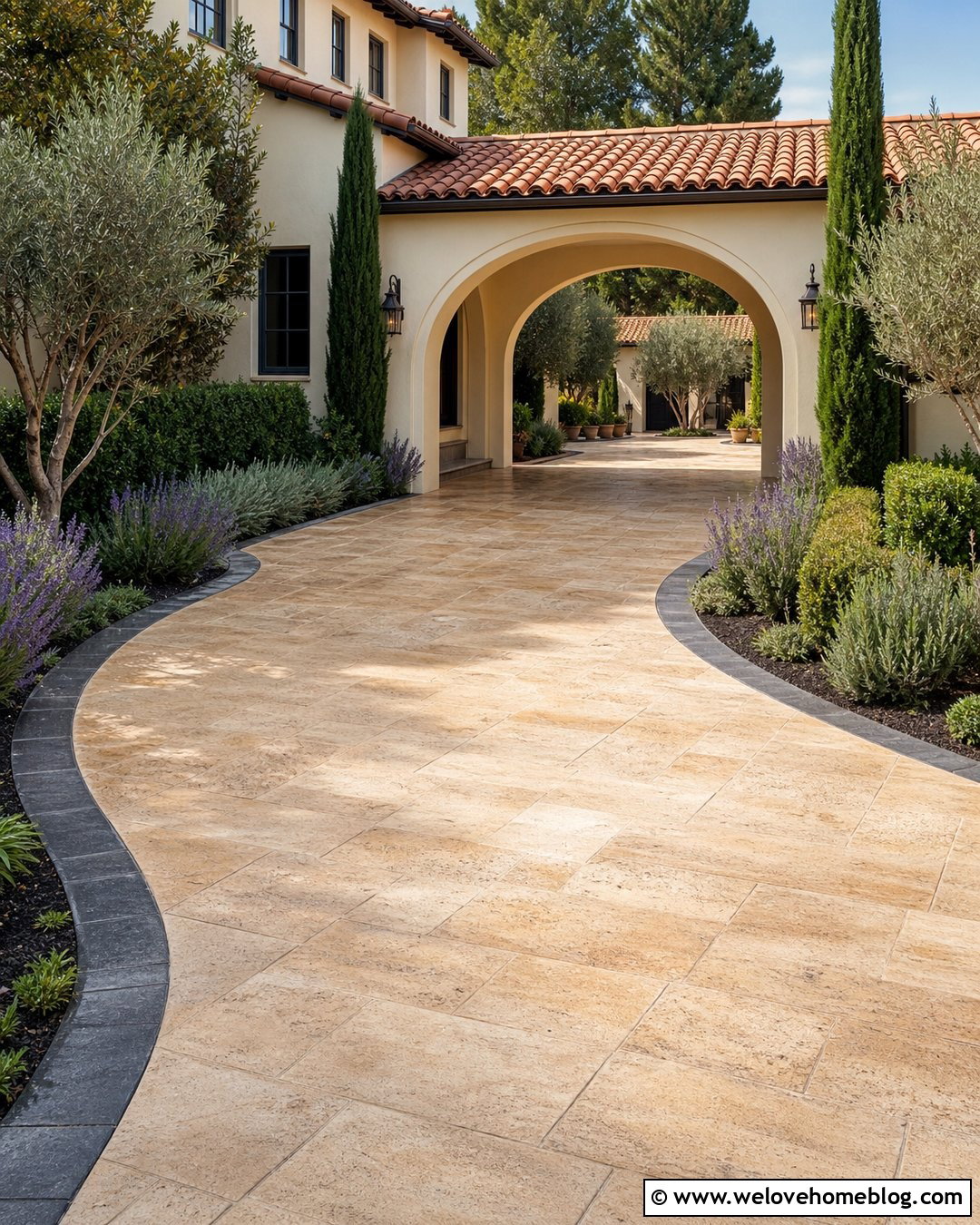 Stamped Concrete Mediterranean Porte Cochere Driveway - 35 Porte Cochere Driveway Ideas