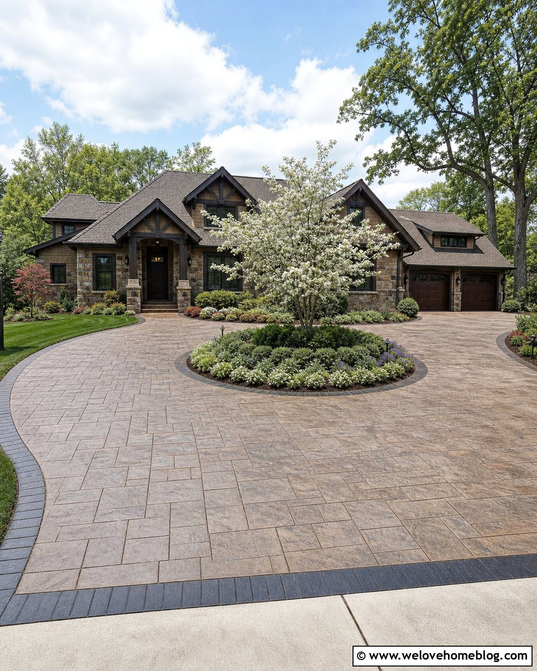 Stamped Concrete Roundabout Driveway With Flowering Tree - 20 roundabout driveway landscaping ideas