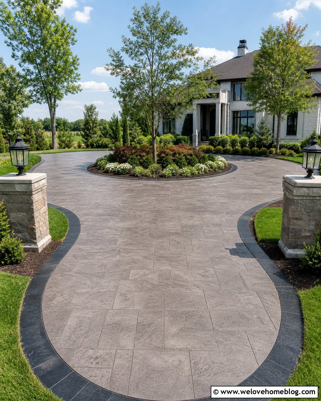 Stamped Concrete Roundabout Driveway With Stone Pillars - 20 roundabout driveway design ideas