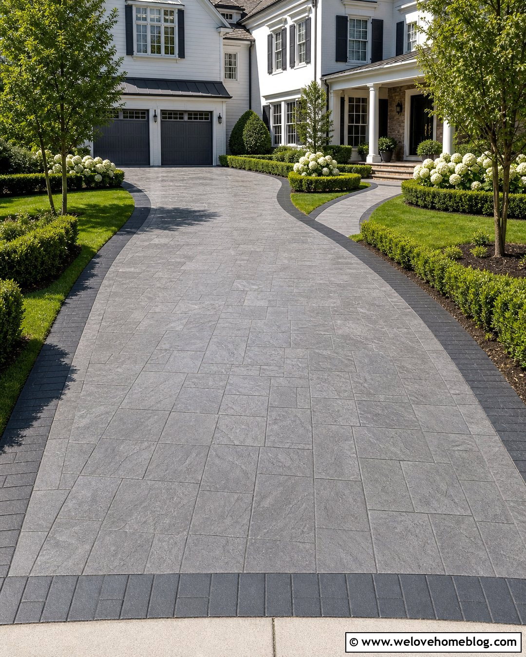 Stamped Slate Cement Driveway With Dark Border - 35 Cement Driveway Ideas