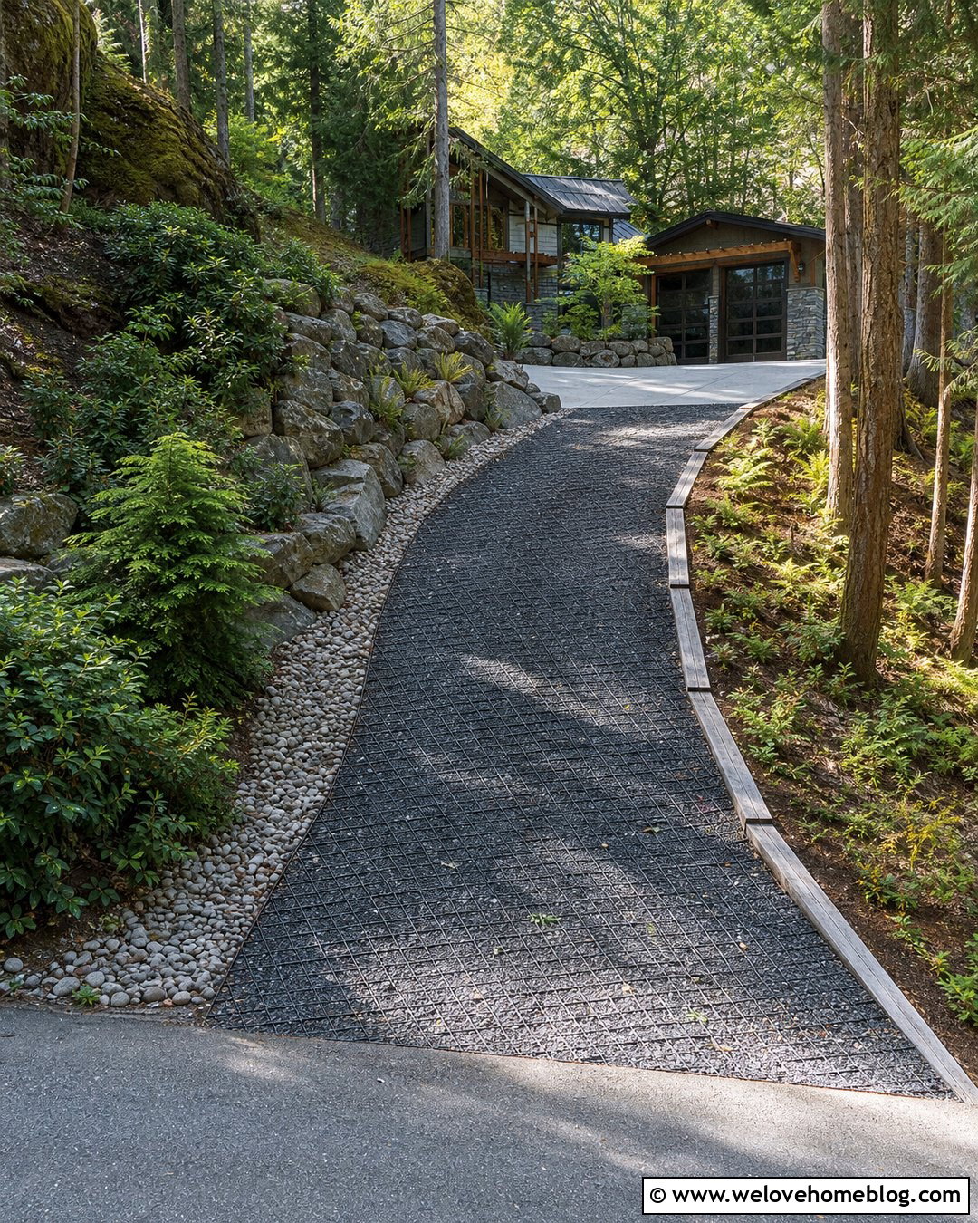 Steep Driveway With Boulder Retaining Walls - 35 Steep Driveway Solutions Ideas