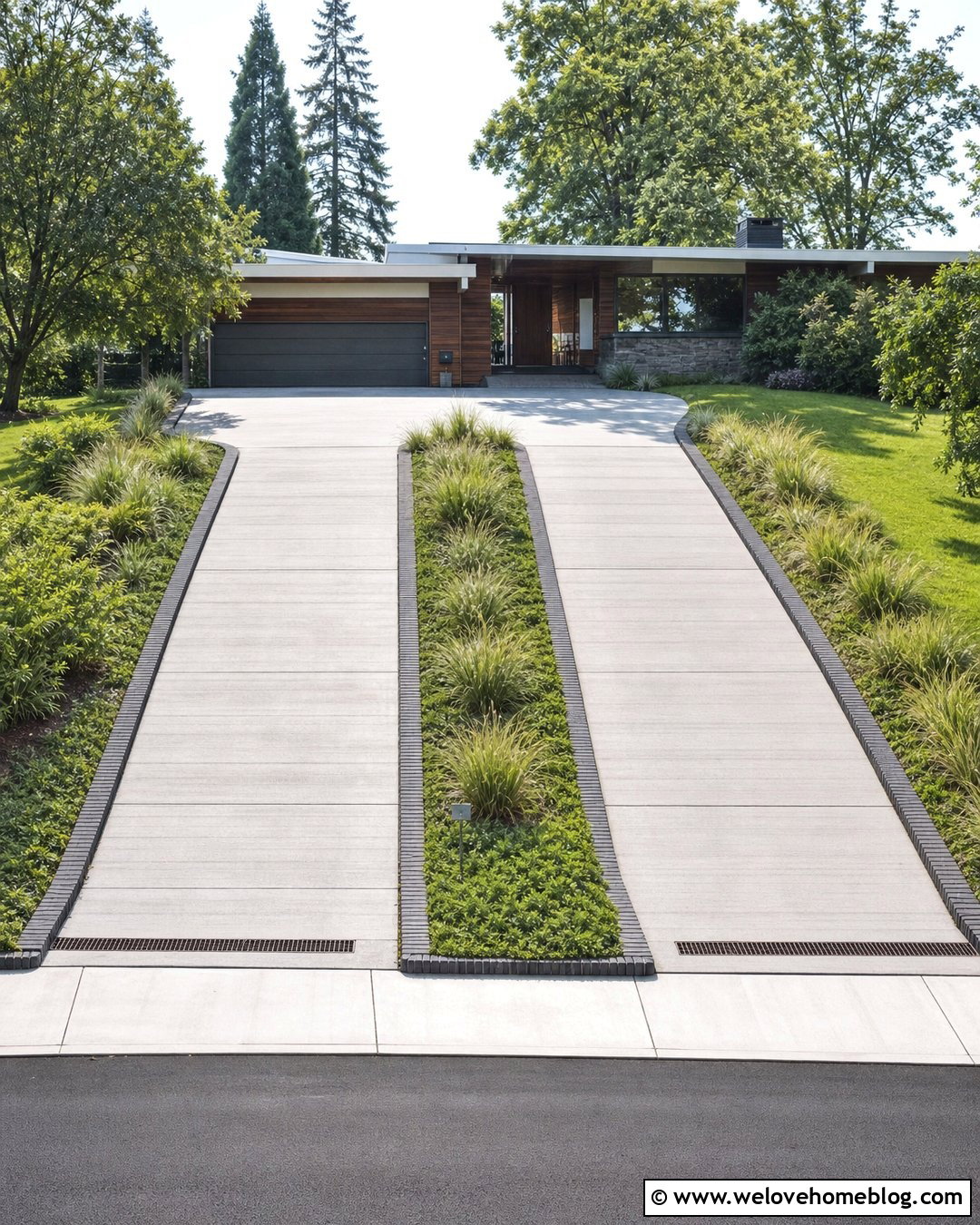 Steep Driveway With Central Planting Strip - 35 Steep Driveway Ideas