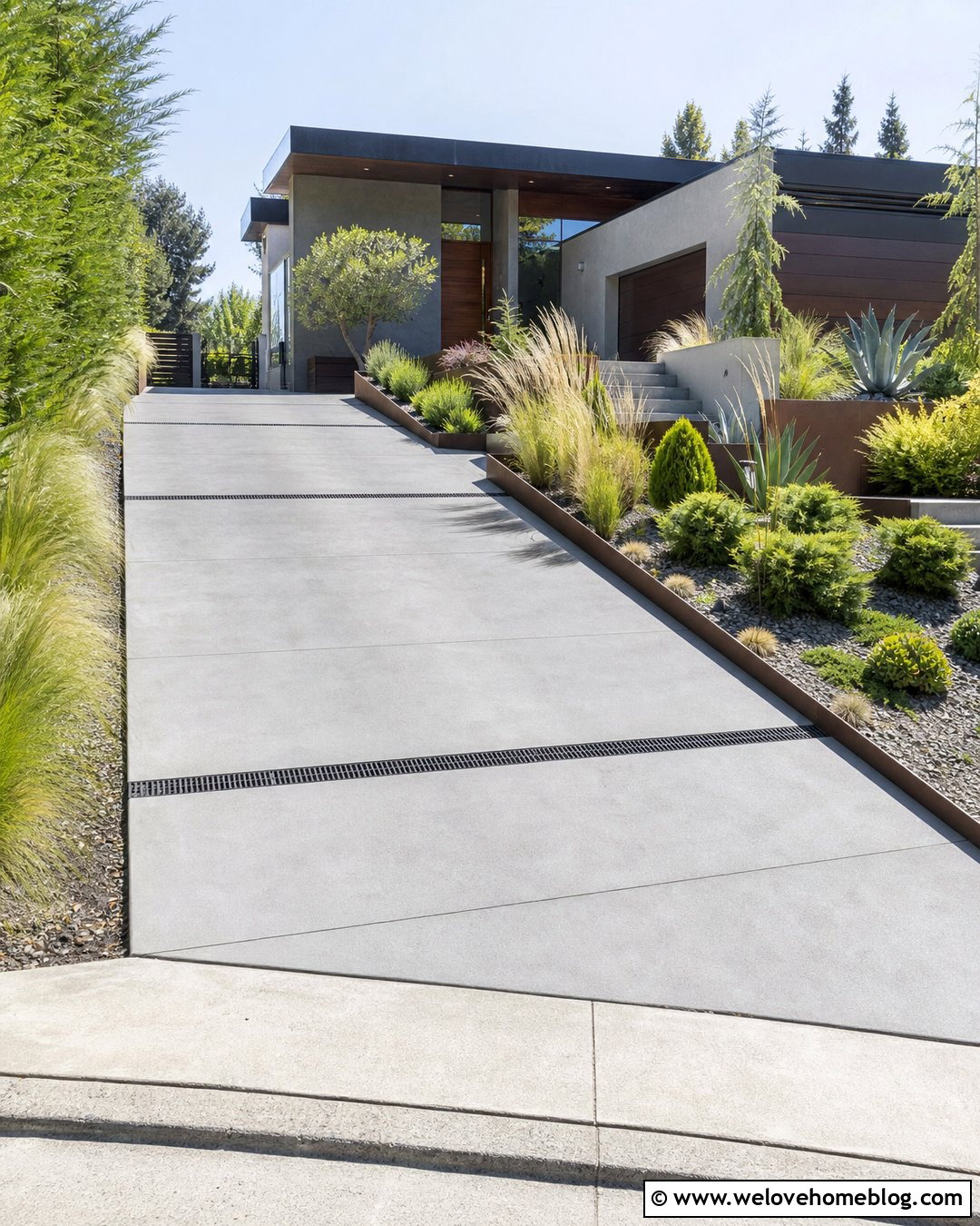 Steep Driveway With Concrete Channel Drains - 25 Steep Driveway Landscaping Ideas