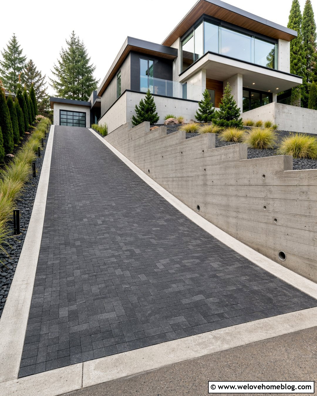 Steep Driveway With Concrete Retaining Wall - 35 Steep Driveway Ideas