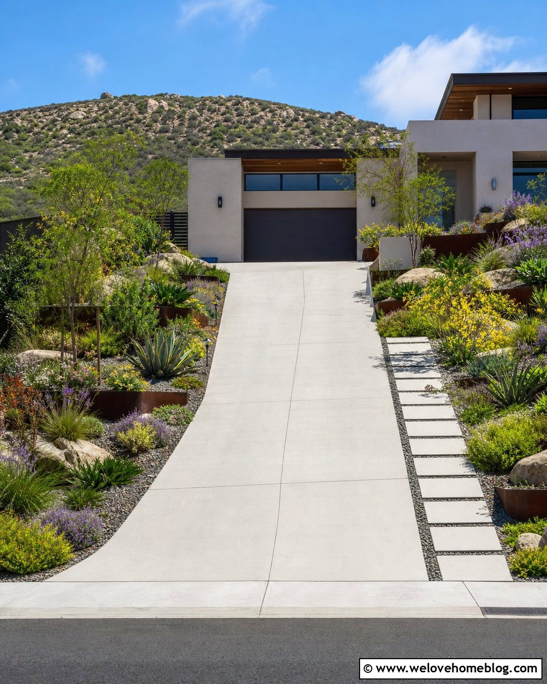 Steep Driveway With Drought Tolerant Landscaping - 25 Steep Driveway Landscaping Ideas