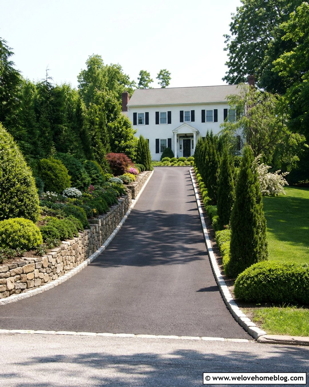 Steep Driveway With Evergreen Shrub Borders - 25 Steep Driveway Landscaping Ideas