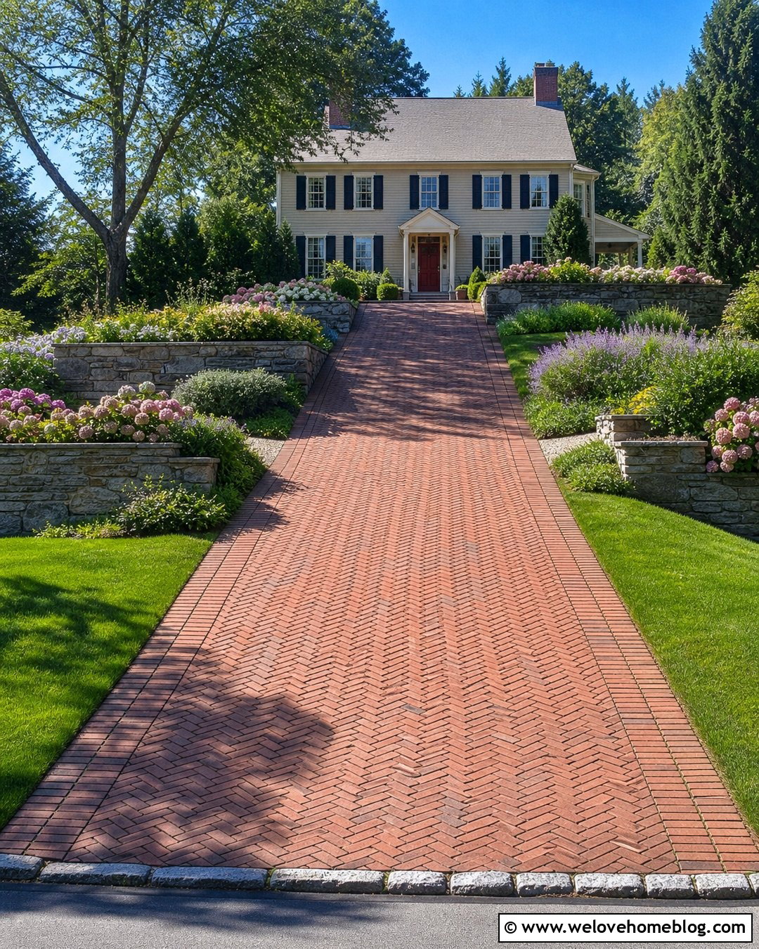 Steep Driveway With Flowering Shrub Terraces - 25 Steep Driveway Landscaping Ideas