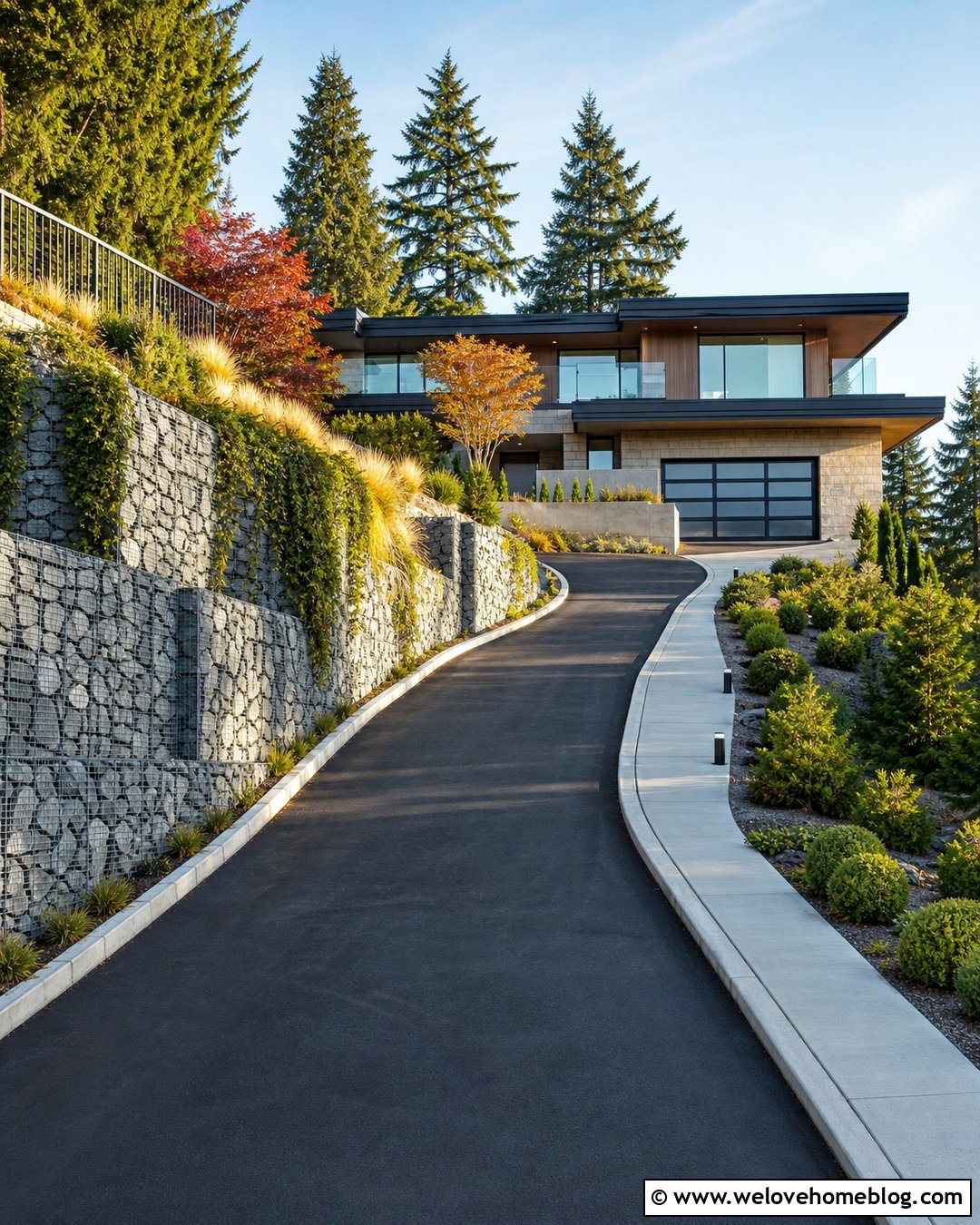 Steep Driveway With Gabion Retaining Walls - 25 Steep Driveway Landscaping Ideas