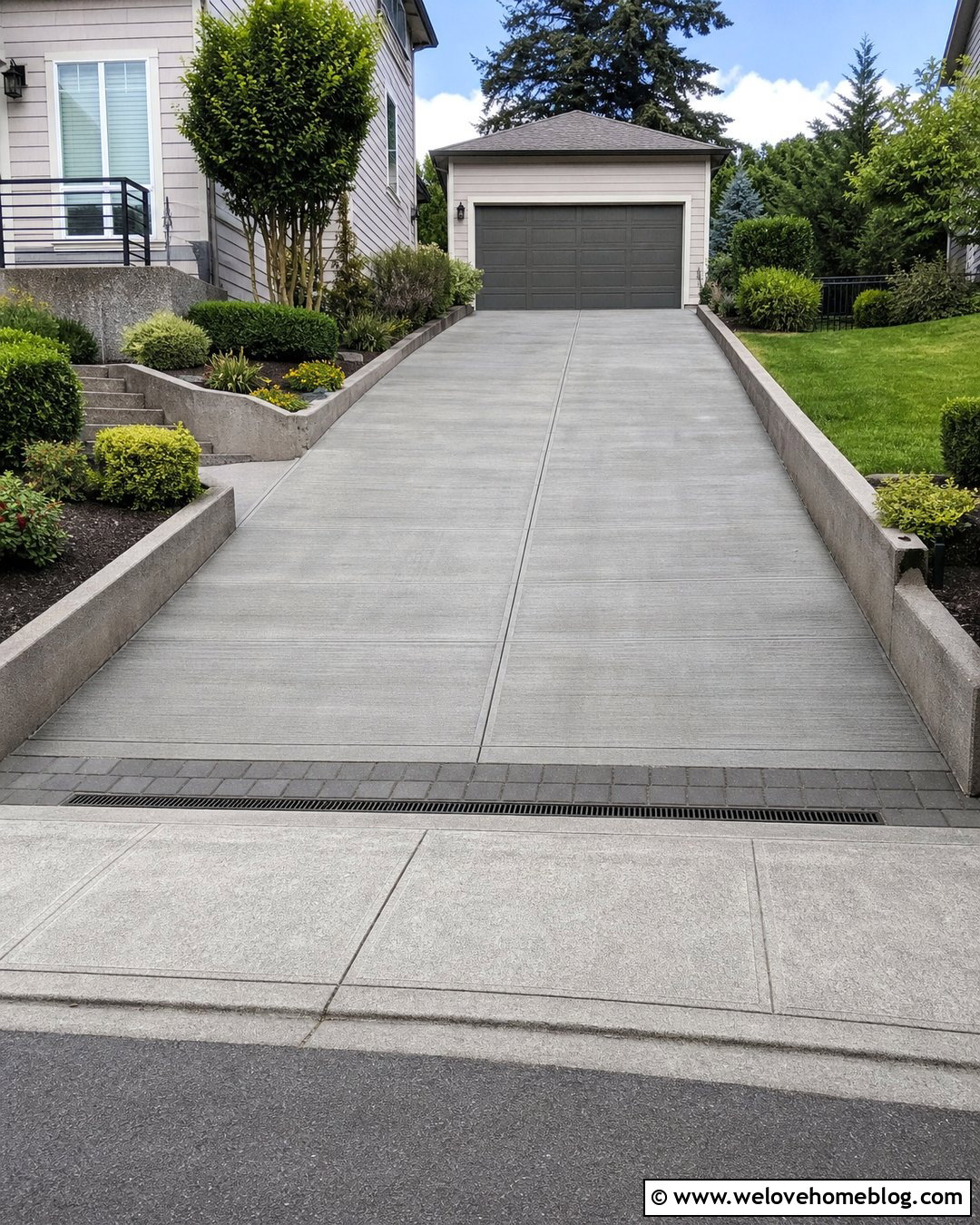 Steep Driveway With Level Garage Apron - 35 Steep Driveway Ideas