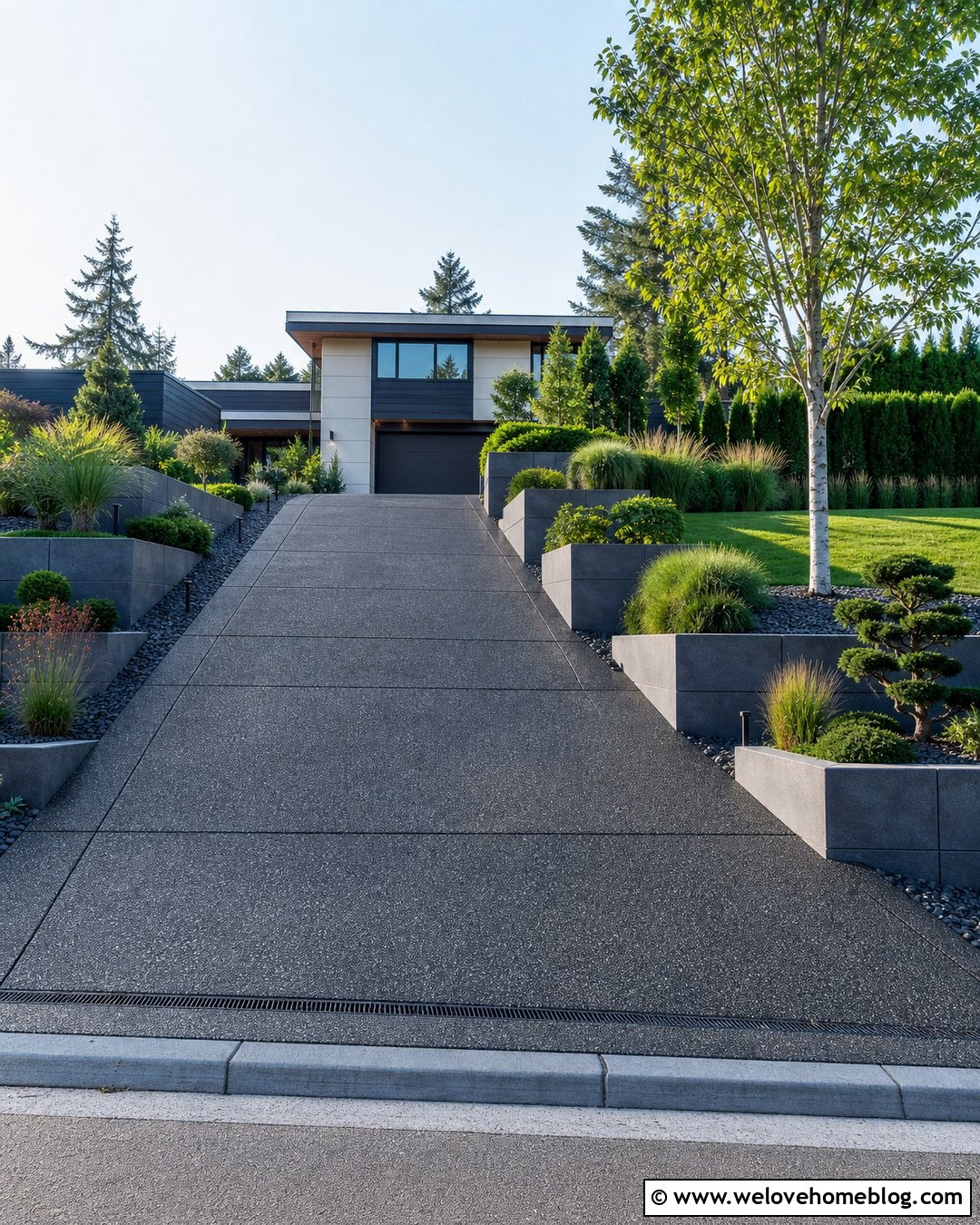 Steep Driveway With Modern Concrete Planters - 25 Steep Driveway Landscaping Ideas