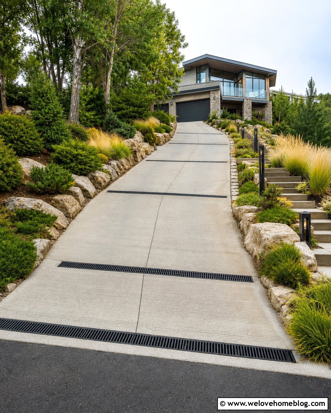 Steep Driveway With Multiple Channel Drains - 35 Driveway Drainage Solutions Ideas