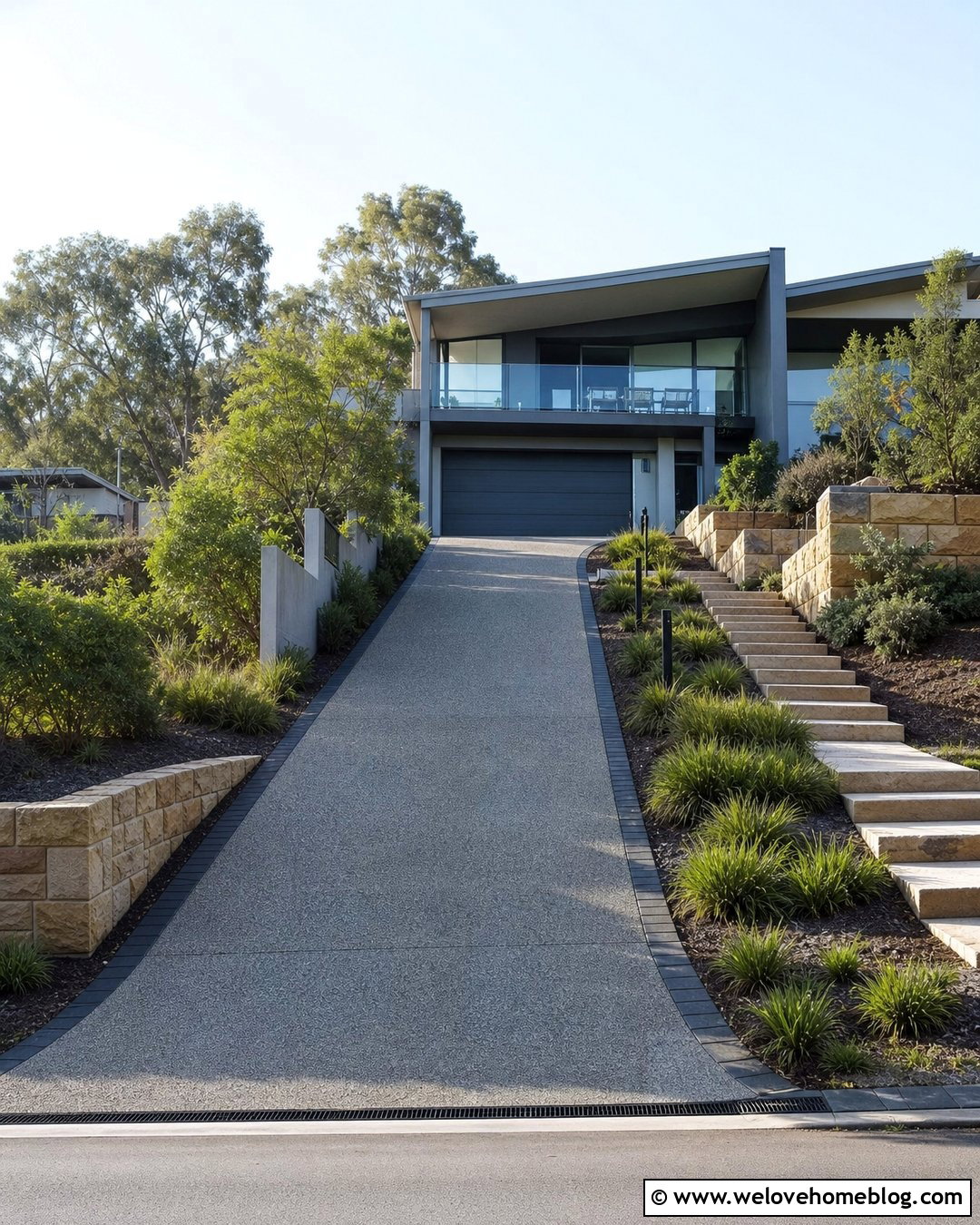 Steep Driveway With Textured Concrete - 20 Australian Driveway Ideas