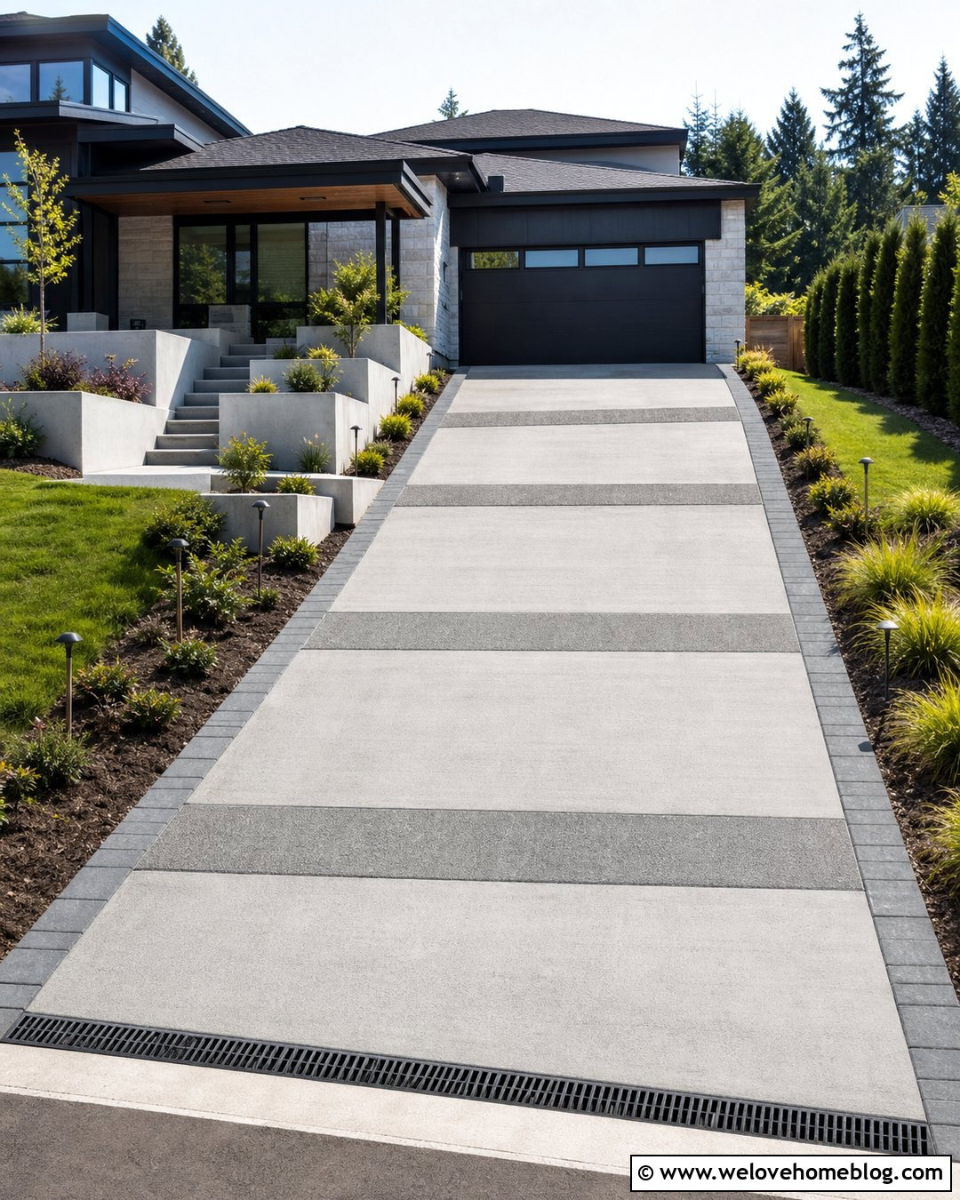 Steep Driveway With Textured Traction Bands - 35 Steep Driveway Solutions Ideas