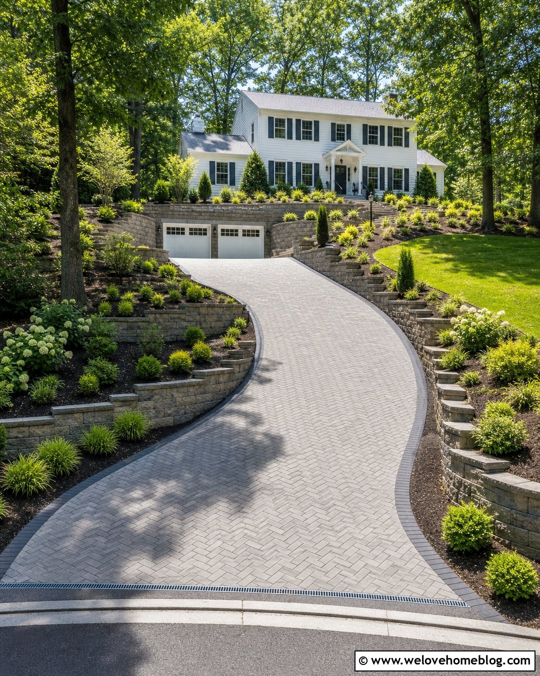 Steep Driveway With Tiered Retaining Walls - 35 Steep Driveway Solutions Ideas
