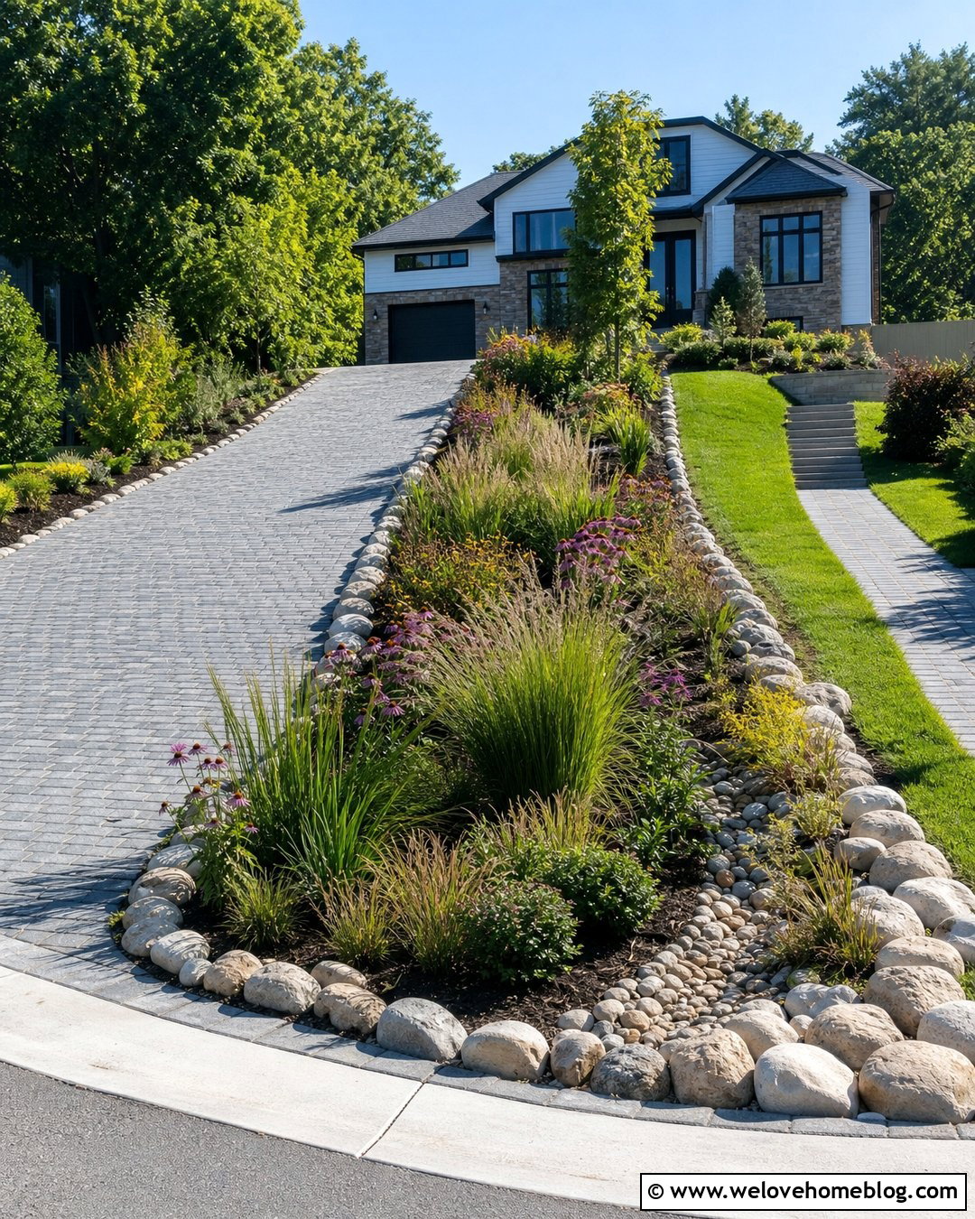 Steep Driveway With a Rain Garden at the Bottom - 25 Steep Driveway Landscaping Ideas