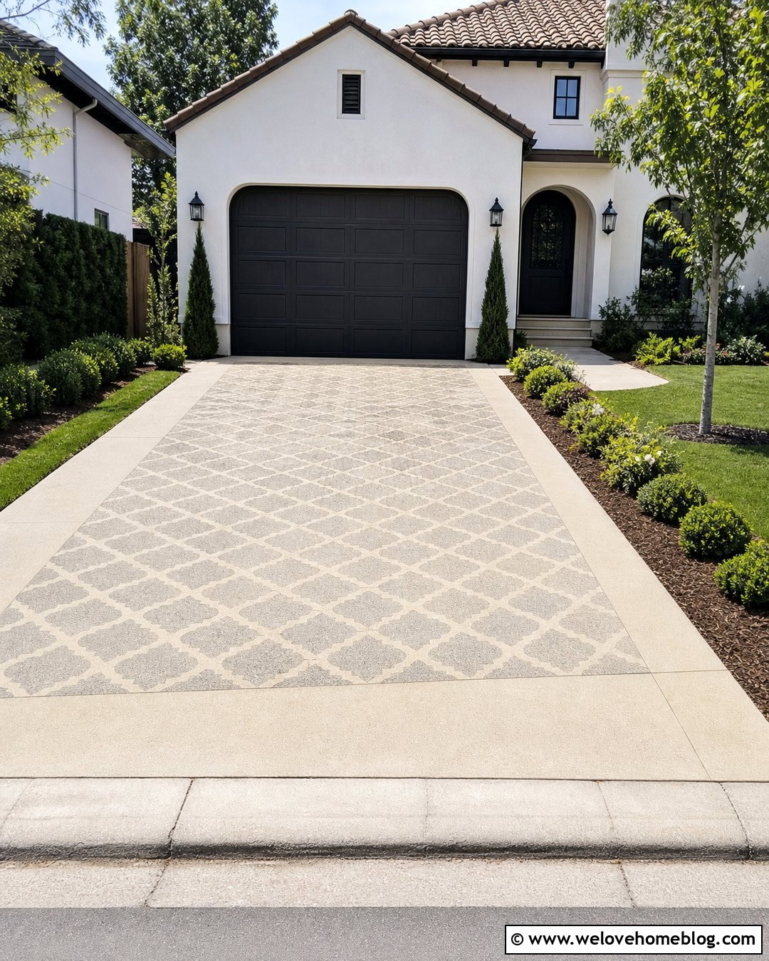 Stenciled Concrete Driveway With Plain Borders - 40 driveway on a budget ideas