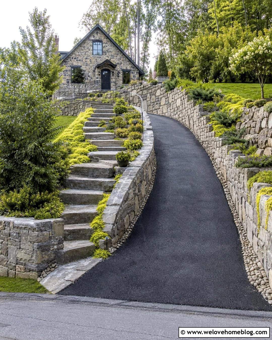 Steps Built Into a Stone Retaining Wall - 20 Steep Driveway Steps Ideas