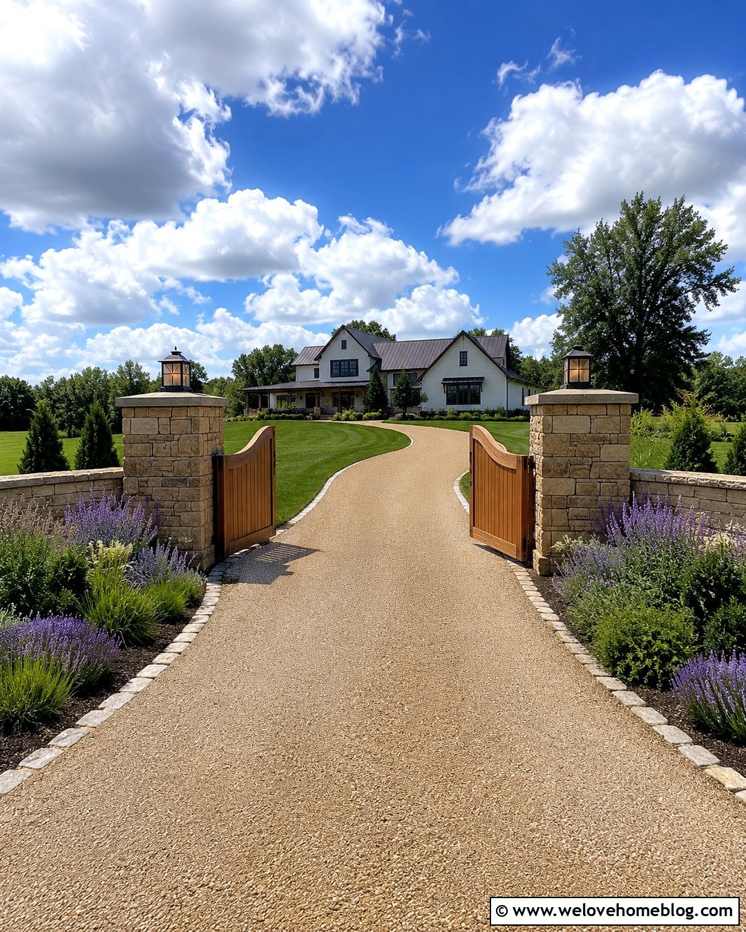 Stone Columns With A Wooden Driveway Gate - 20 Stone And Brick Driveway Entrance Ideas