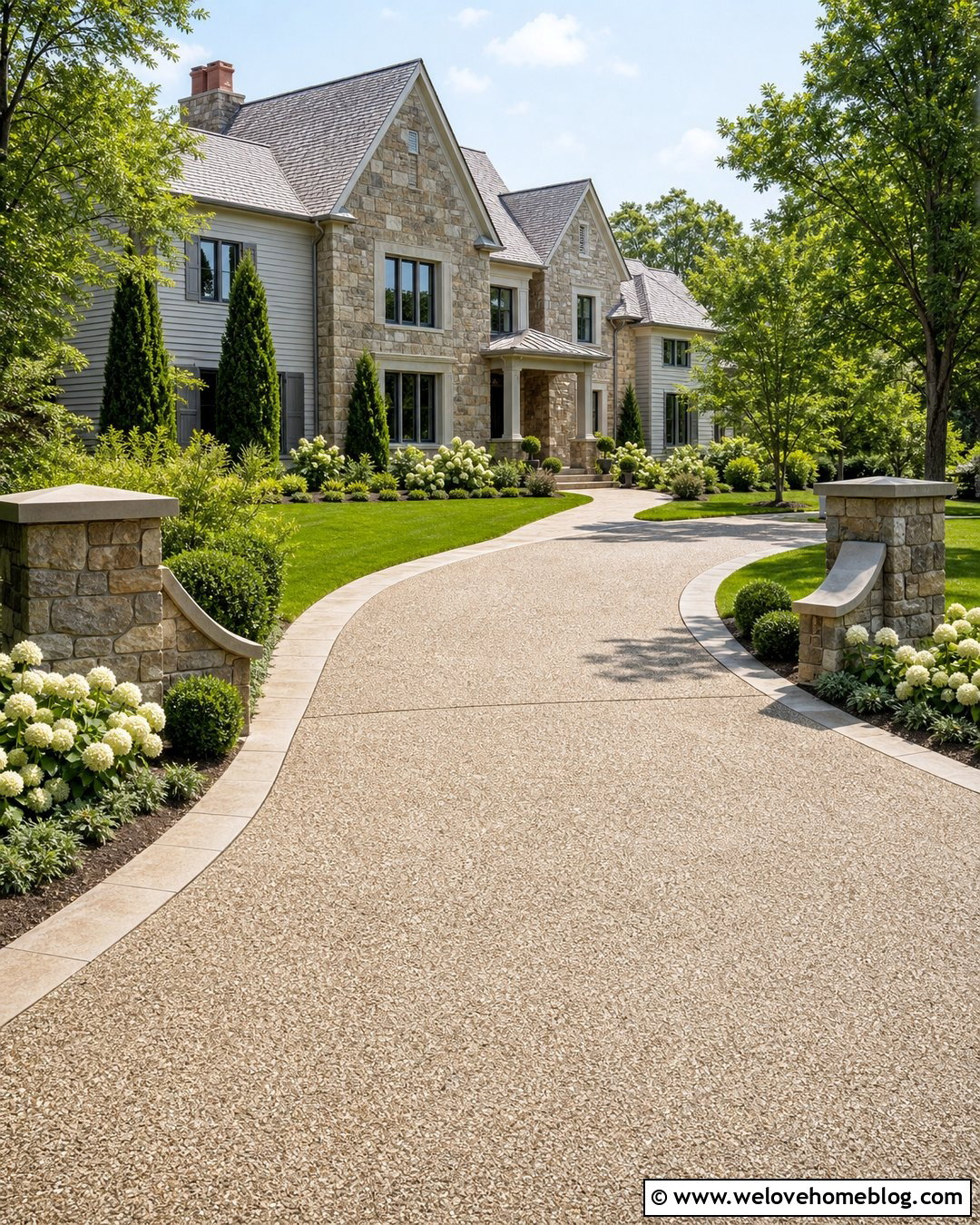 Stone Columns With Curved Wing Walls - 25 Stone Columns Driveway Ideas
