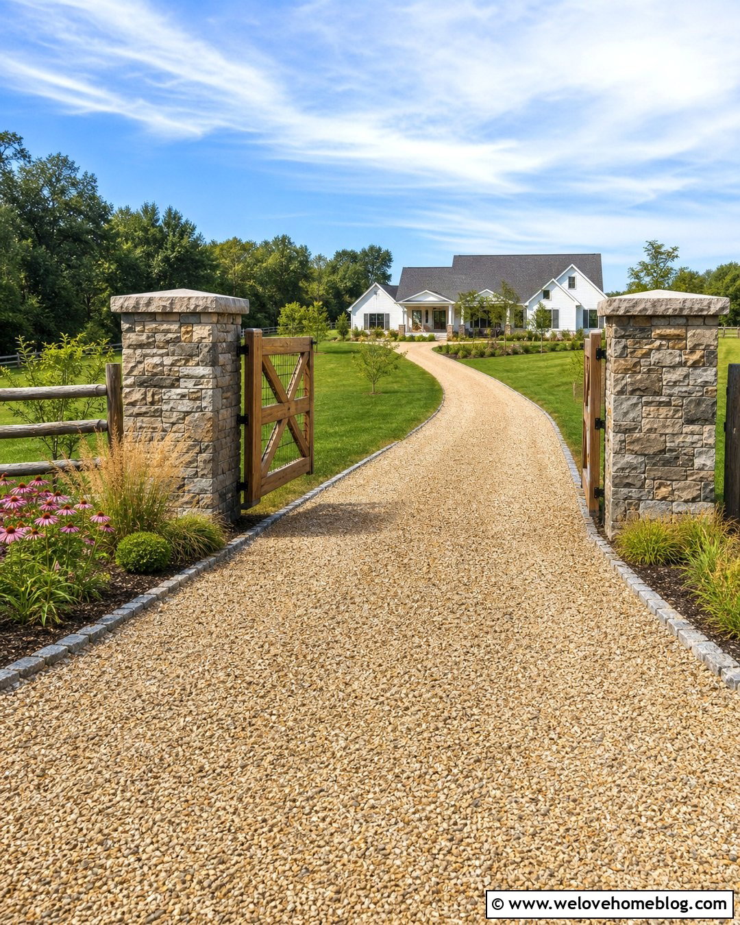 Stone Columns With Wood Driveway Gate - 25 Stone Columns Driveway Ideas