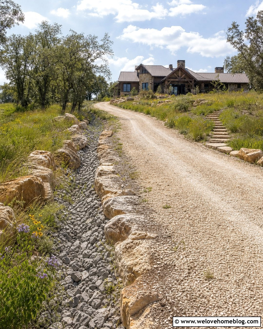 Stone Drainage Ditch Along A Rural Driveway - 20 Driveway Drain Ideas