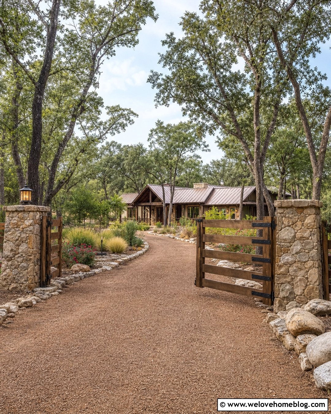 Stone Driveway Entrance With Timber Gate - 35 Front Gate Entrance Driveway Ideas