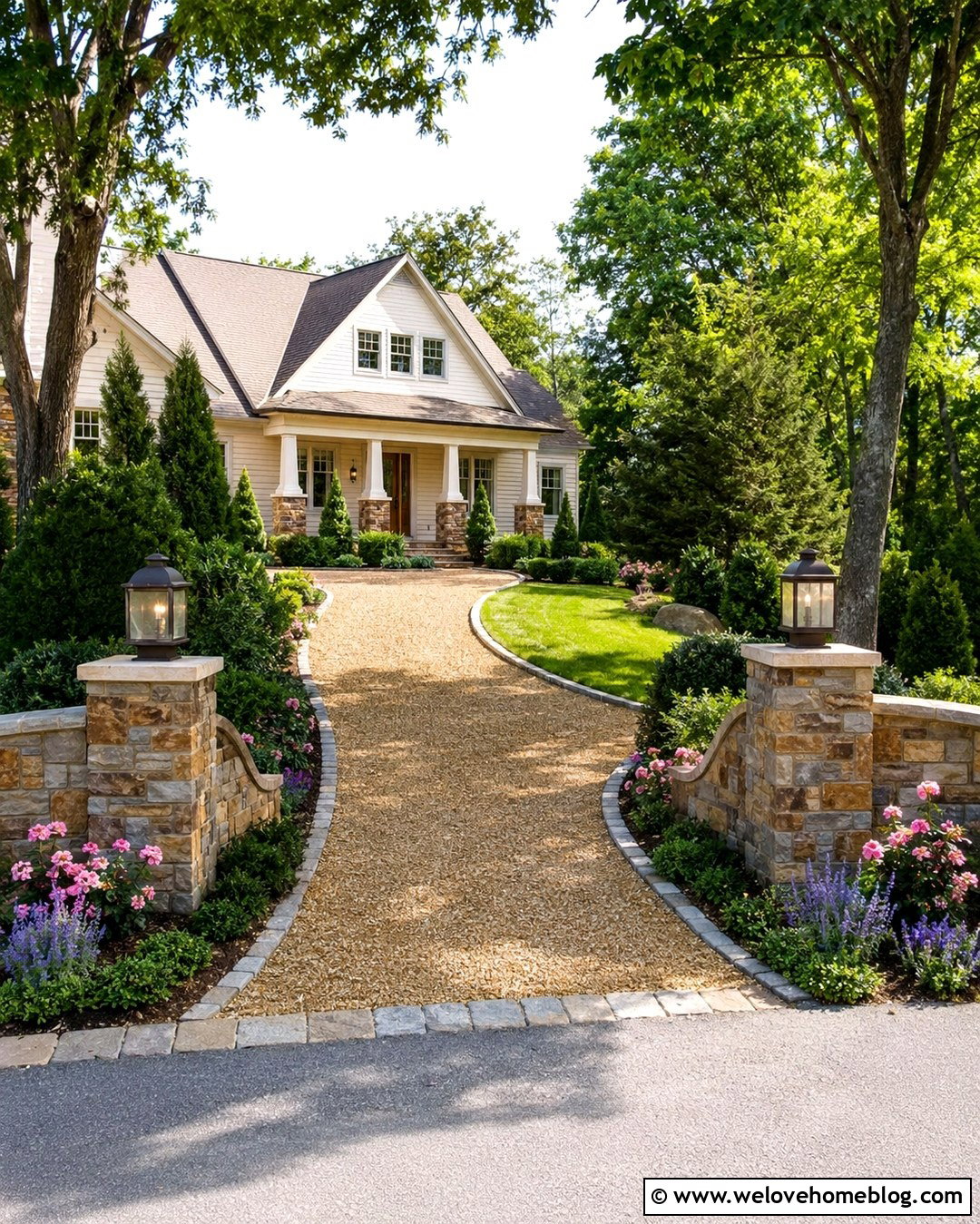 Stone Driveway Pillars With Curved Garden Walls - 20 Stone Driveway Pillars Ideas
