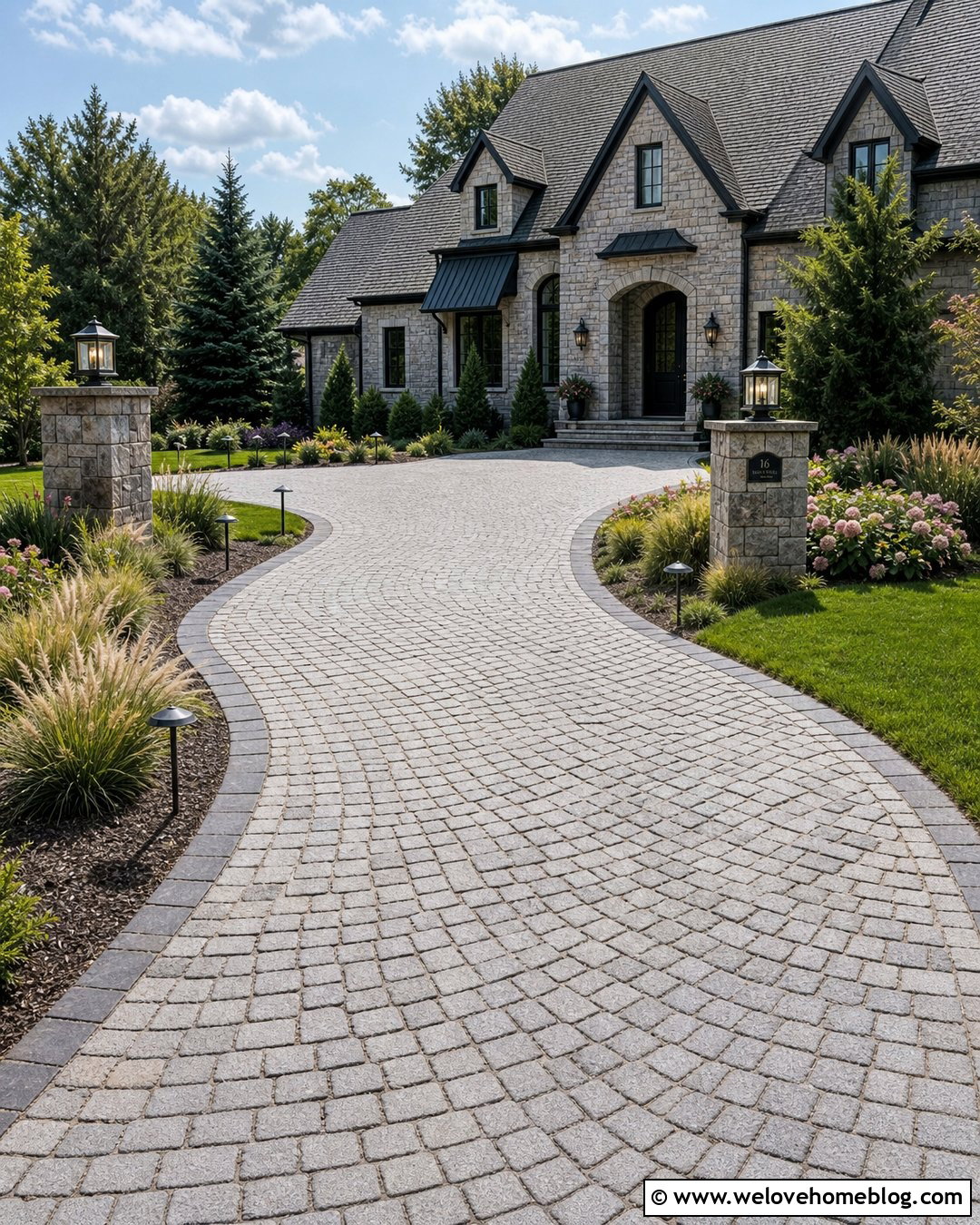 Stone Driveway With Landscape Lighting - 35 Stone Driveway Ideas