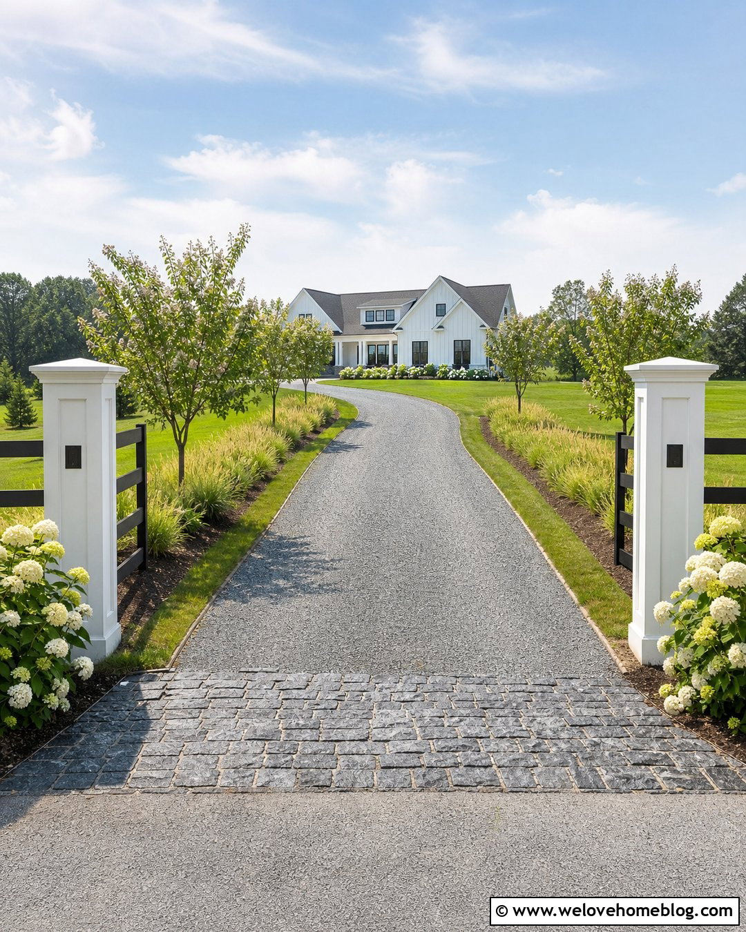 Stone Dust Driveway With Farmhouse Gate Posts - 20 Stone Dust Driveway Ideas