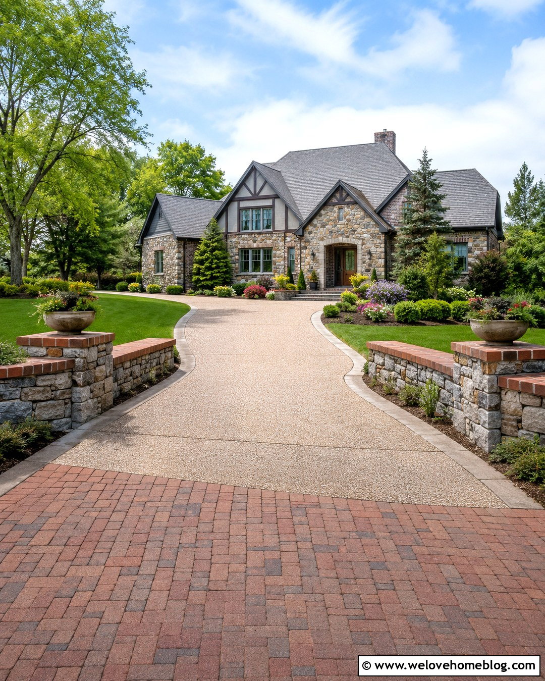 Stone Entrance Walls With Brick Coping - 20 Stone And Brick Driveway Entrance Ideas